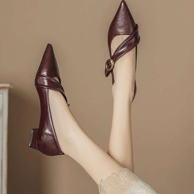 2025 Spring Vintage Women Pointed Toe Mary Jane Fashion Shallow Thick Heel Wedding Party Shoes