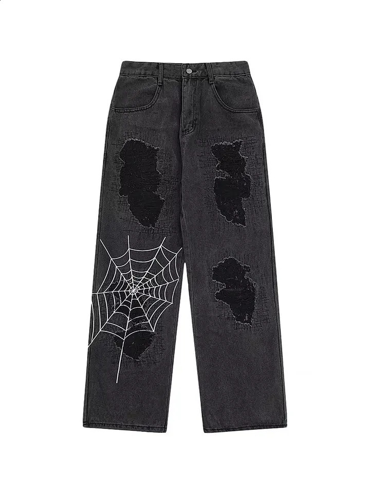 y2k Jeans Mens Spider Web Printed Pants American Vintage Hip Hop Style Casual Loose Aesthetic Straight High Street Wide Leg Pan 250109