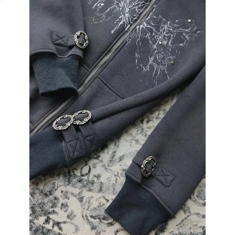 American Gothic geometric pattern fur collar high quality zipper hoodie women Y2K grunge clothing sexy nightclub slim sweatshirt 250106