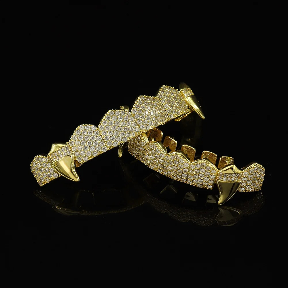 Iced Out CZ Stones Teeth Caps Cubic Zircon Micro Pave Top Bottom Charm Grills Set For Men Women Hip Hop Jewelry Gift 250107