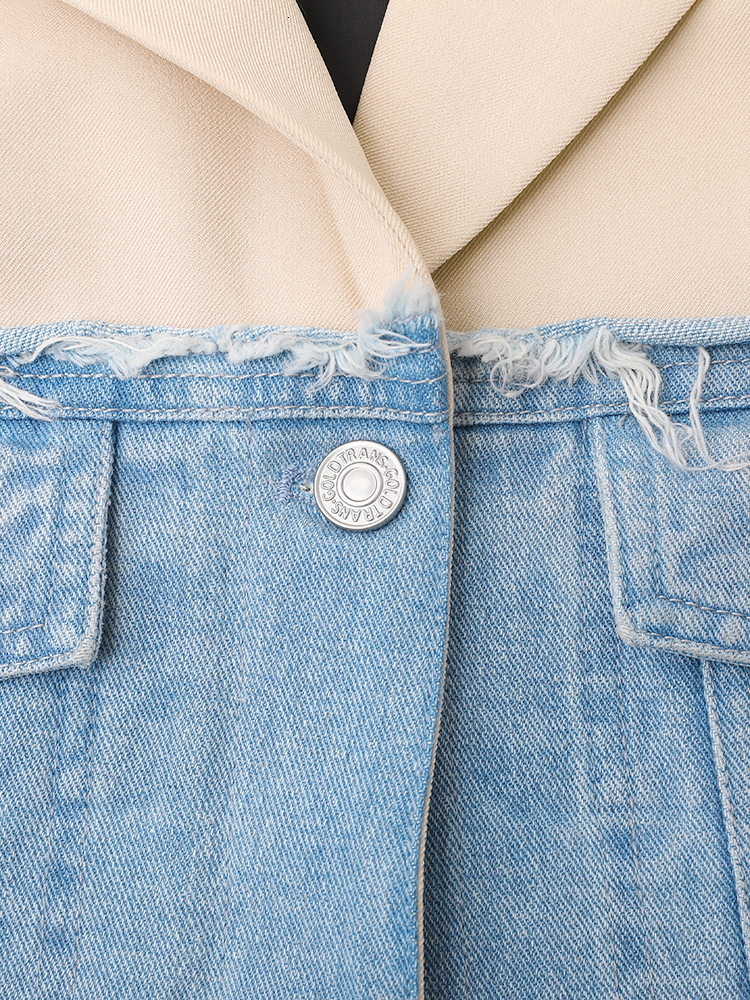 Women Beige Denim Color-Block Elegant Blazer New Lapel Long Sleeve Jacket Fashion Tide Spring Autumn 2025 Cpdb132
