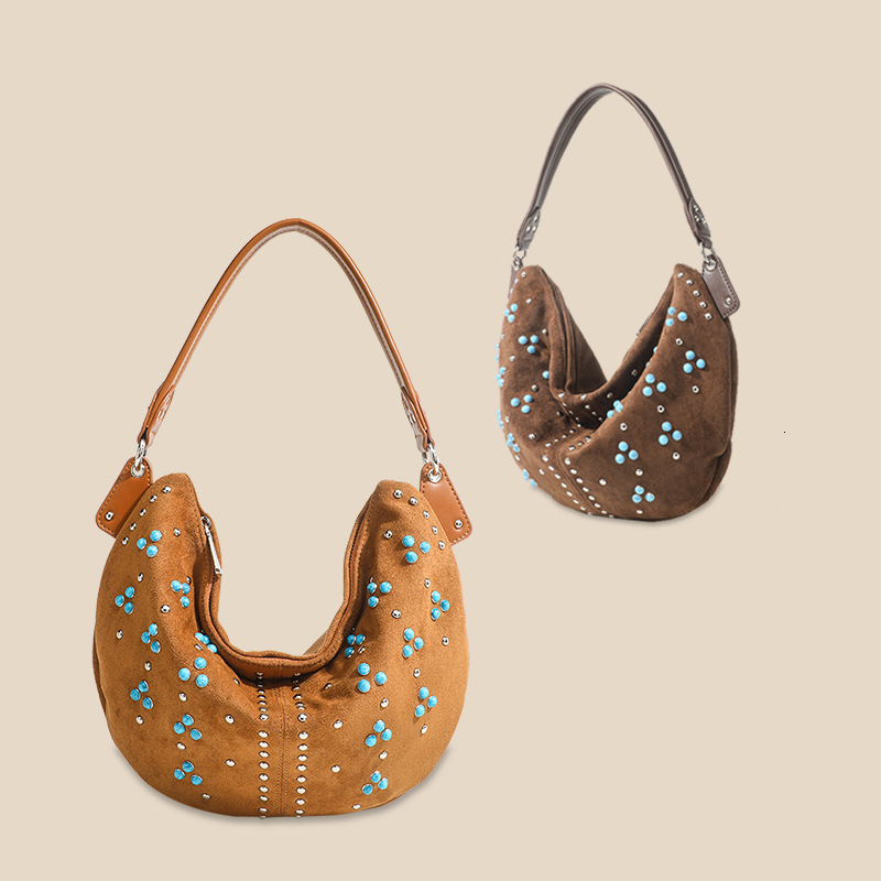 Underarm Single Shoulder Made Of Suede Tote Bag With Niche Design For Women's Designer Handbag Rivet Frosted Handheld Crossbody Bag Crescent Shap