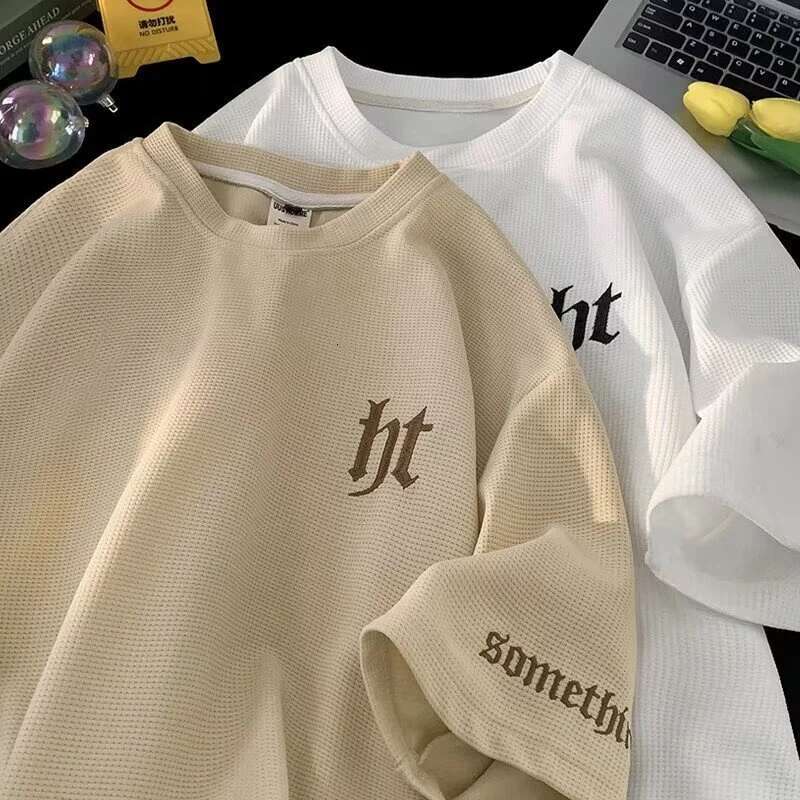 2025 Summer New Letter Embroidered Waffle T-shirt Men's Y2K Retro Street Dress Designer T-shirt Breathable Short Sleeve Round Neck T-shirt