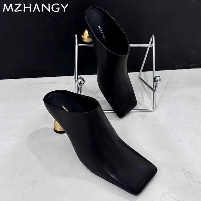 Women High Heels Slippers Square Toe Designer Mules Shoes Elegant Pumps Sandals 2025 Trend Party Flip ps Summer Mujer Slides