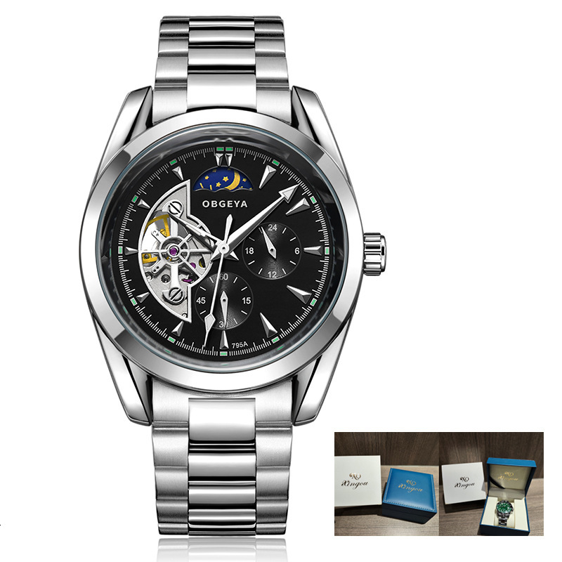 Trendy Men's Mechanical Watch with Skeleton, Night Glow, and 30M Waterproof Stainless Steel Band
