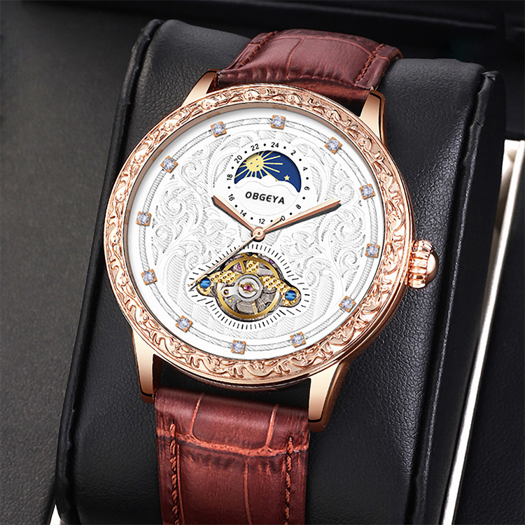 Luxury Automatic Mechanical Watch with Diamond-Encrusted Skeleton and 30M Waterproof Leather Strap for Men