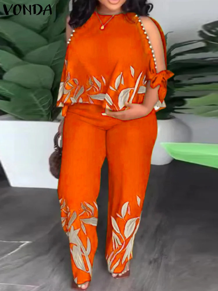 Plus Size 5XL VONDA Pant Sets 2024 Autumn Women Cold Shoulder 2pcs Casual 34 Sleeve Tops Printed Bohemian Matching y250122