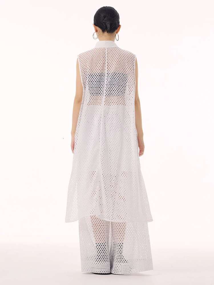 Women White Hollow Out Big Size Long Elegant Shirt Dress New Lapel Sleeveless Fashion Tide Spring Autumn 2025 1Dh9424