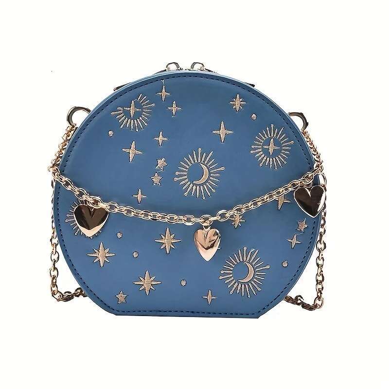 Mini Embroidered Round Chain Heart Decor Crossbody Bag, Star Moon Pattern Circle Purse Valentine's Day Gift
