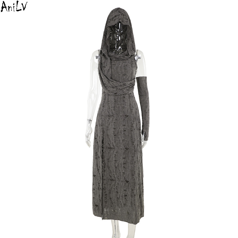 AniLV Dune Desert Queen Women Tear Hole Broken Hooded Long Dress Costume Wasteland Cosplay