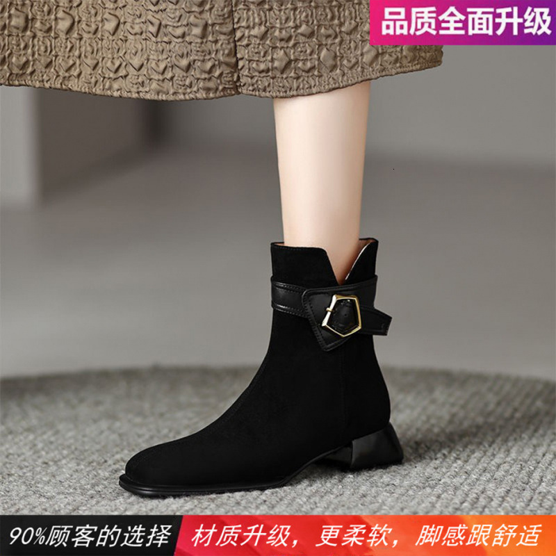 Fashionable Matte Leather Short For Women, Square Toe Spring And Autumn Single Boots, Versatile French Buckle Splicing, Mid Heel Martin Boots