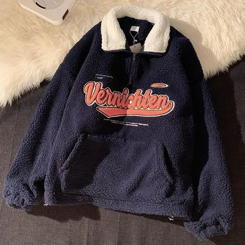 Women Sweatshirt Zipper Turn-down Collar Thermal Big Pocket Autumn Sweatshirt for School 250106