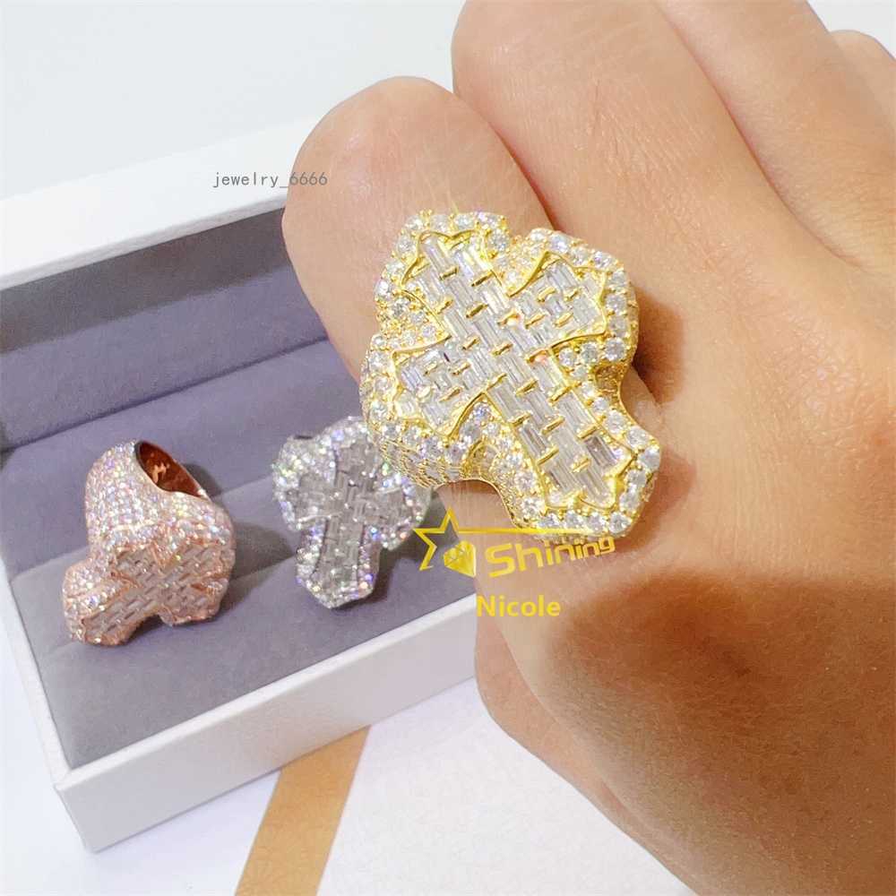 New Arrival Luxury 925 Sterling Silver Iced Out Gold Plated Cross Ring Hip Hop Diamond Moissanite Men Ring
