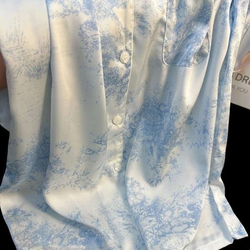 2025 New Ice Silk Pama Collar Button Designer Cardigan Set 2-piece Fashion Printed Women's Pajama Set