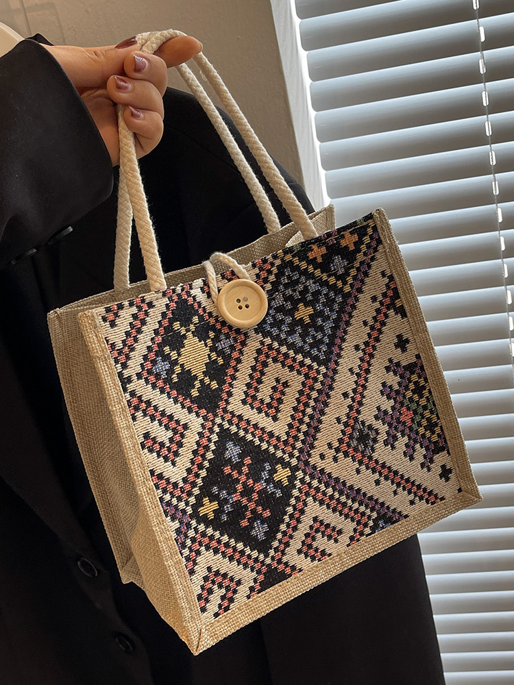 Ethnic Style Canvas Women Designer Handbag In Summer New Fashion For Going Out Portable Linen Lunch Box Bento Bag Hand-held Mommy Bag