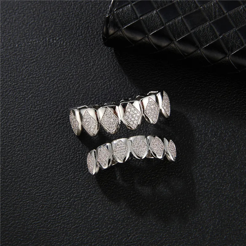 Bling WhiteTeeth Set Iced Out Caps Cubic Zircon Micro Pave Top Bottom Charm Grills For Men Women Jewelry 250107