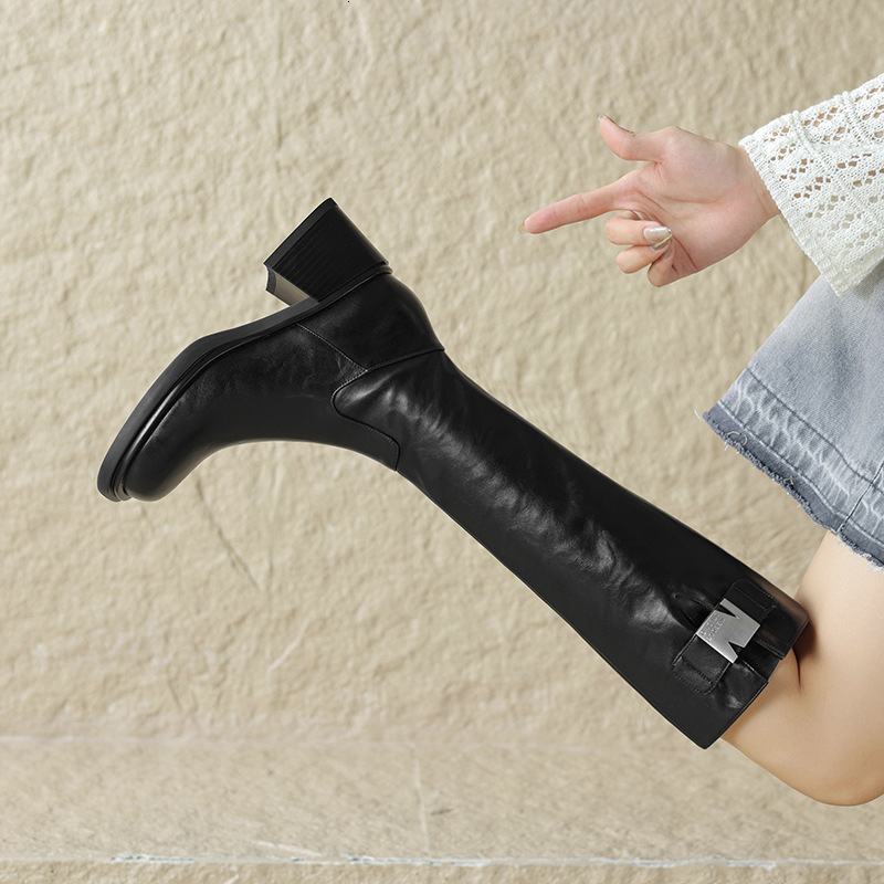 4.5Cm Thick High Heeled Women's Leather 2023 Autumn And Winter New Knee Length Boots, British Style Knight Boots