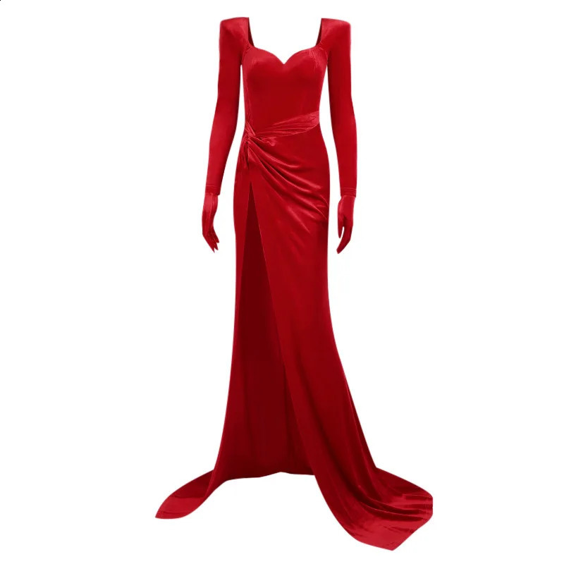 Sexy V Neck Long Sleeve High Split Long Maxi Dress Night Club Prom Wedding Party Dresses Women Evening Elegant Red Velvet Dress 250109
