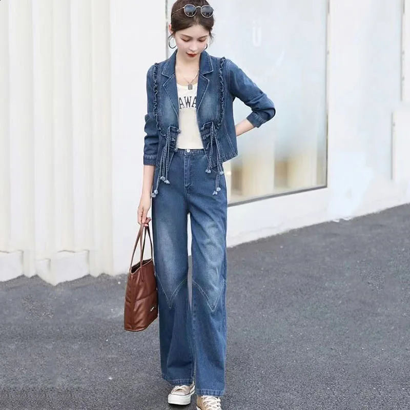 Fashion Womens Denim Wide-Leg Pants Suit Autumn Casual Short Denim Jacket Jeans Two-Piece Suits Female Trousers Sets Blue 250109