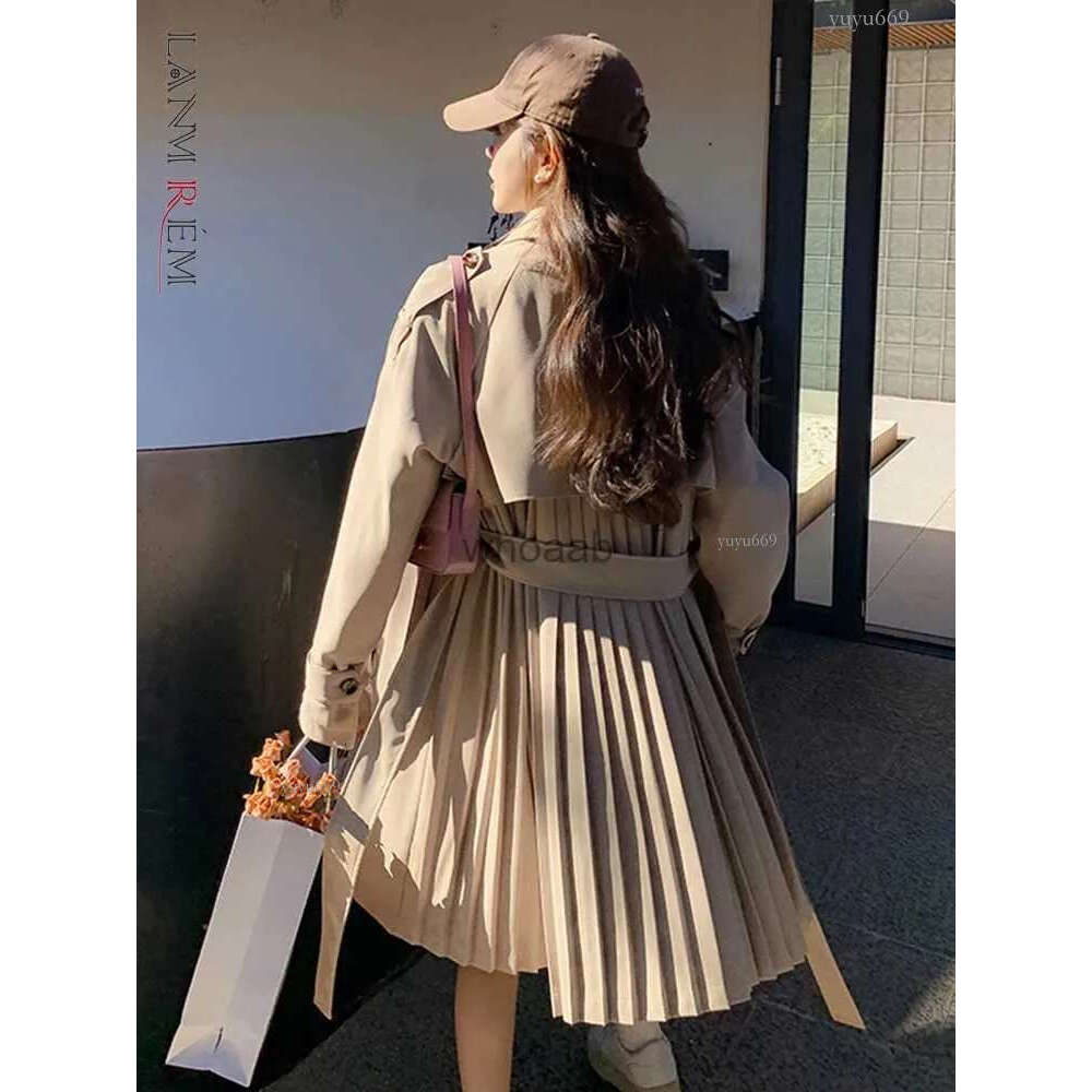 Women's Trench Coats LANMREM Designer Back Trench Belt Coat For Women Laple Long Sleeves Solid Belt Coats Fashion Female Clothing 2023 New 2YA115