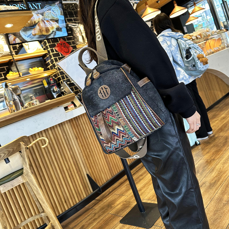 Student Retro Fashion Embroidered Denim Multi Purpose Travel Backpack Cross Shoulder