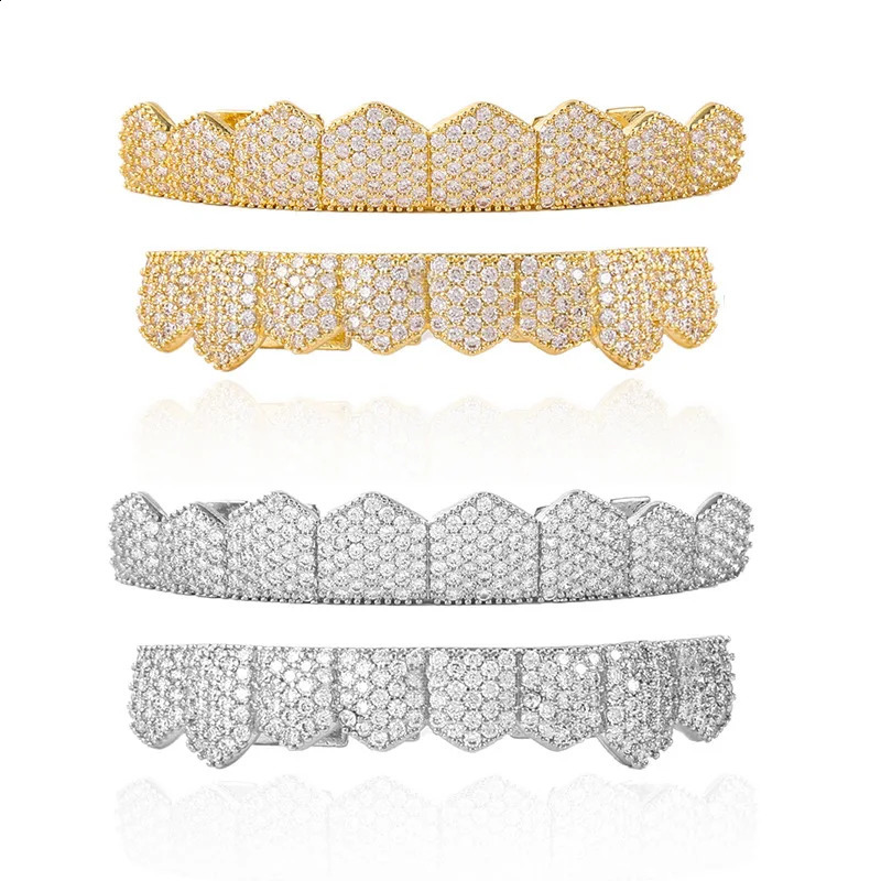 Gold Silver Longer Shape Iced Out Teeth Hip Hop 8/8 Top Bottom Grills Dental Mouth Punk Teeth Caps Cosplay Party 250107