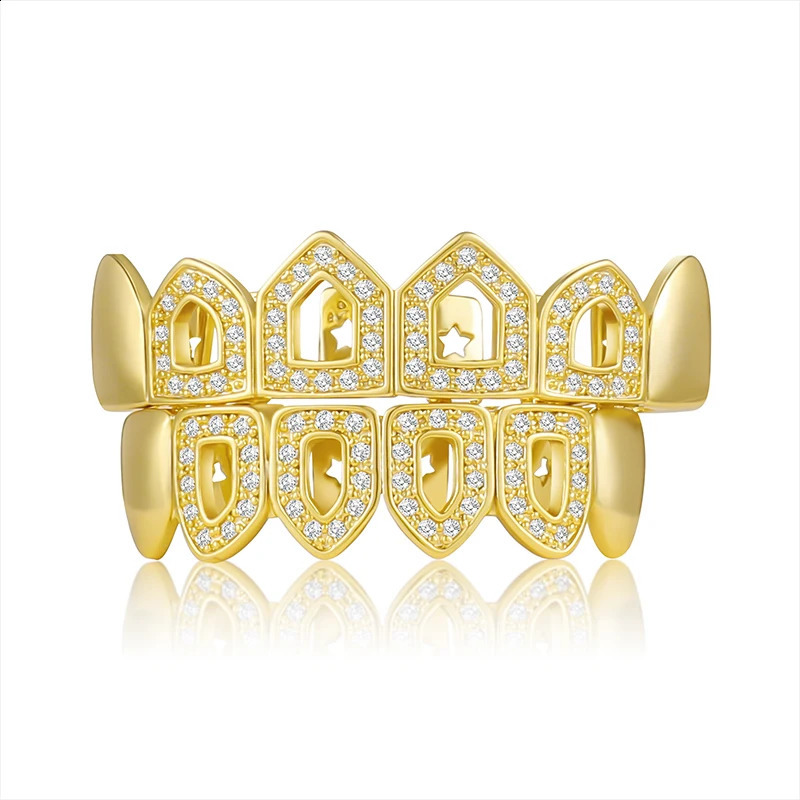 Teeth Set Iced Out Bling Caps Cubic Zircon Micro Pave Top Bottom Charm Grills For Men Women Jewelry 250107