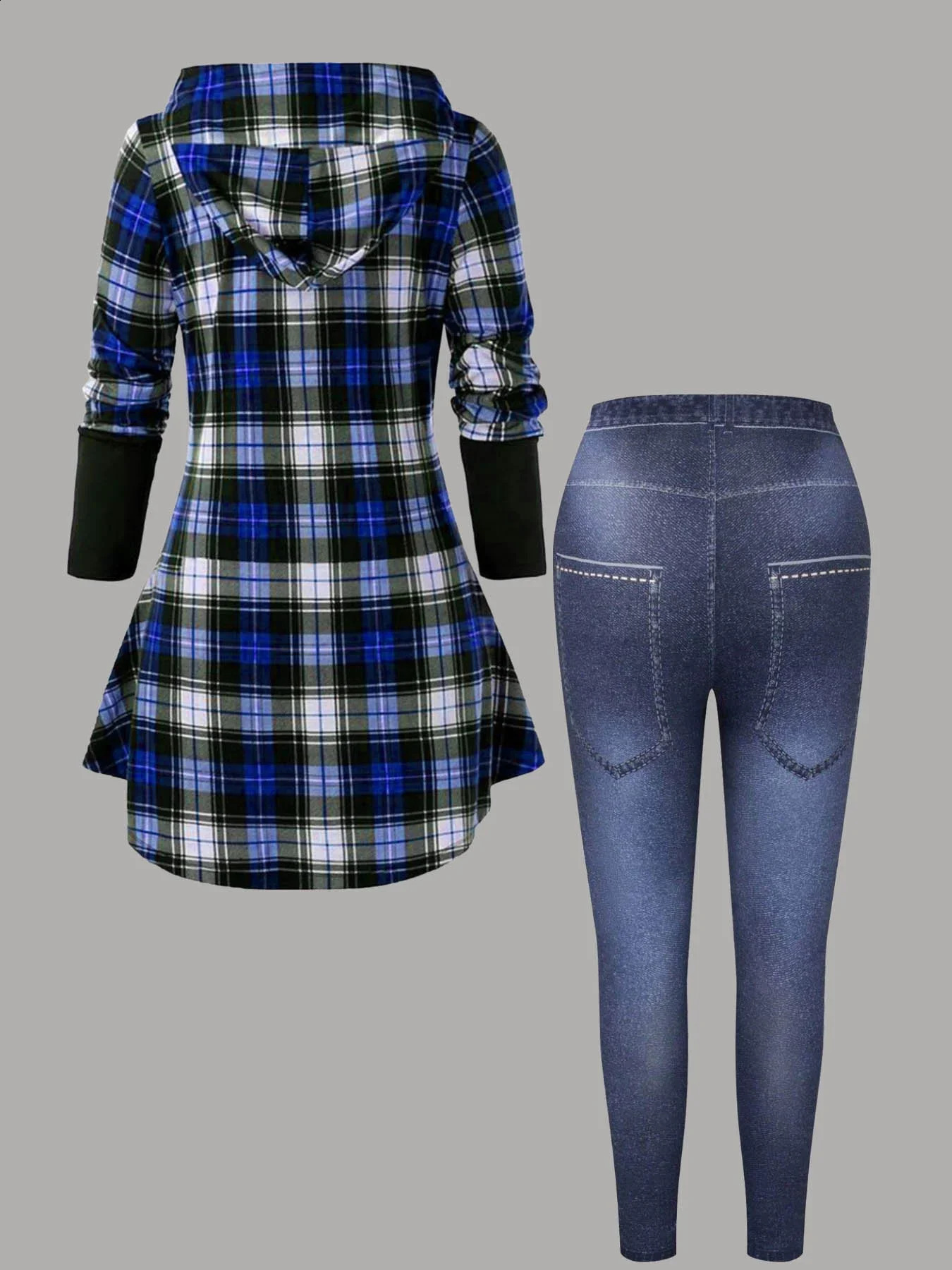 Women Plus Size Two Piece Set Hooded Plaid Print Patchwork Tops and High Waist Leggings Matching Long Sleeve Autumn Outfit 250106
