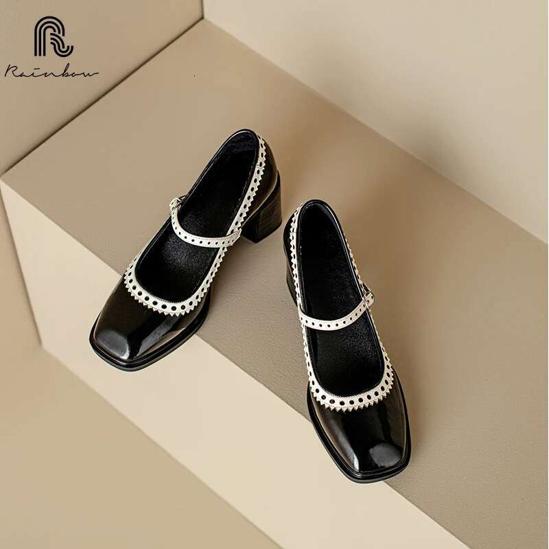 RAINBOW 34-39 Women Mary Jane One Strap French Style Vintage Shoes Spring Atumn Buckle Thick Heeled Pumps Cowhide Retro