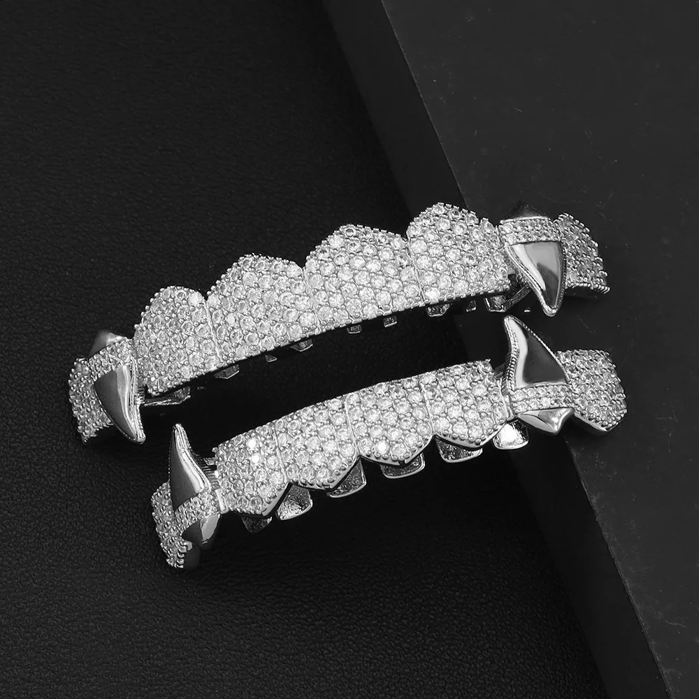 Iced Out CZ Stones Teeth Caps Cubic Zircon Micro Pave Top Bottom Charm Grills Set For Men Women Hip Hop Jewelry Gift 250107