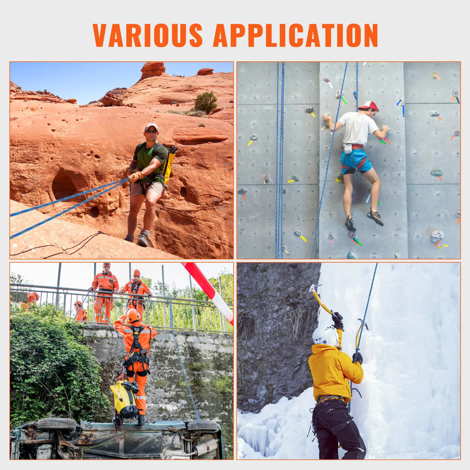 VEVOR 102mm Dynamic Climbing Rope 131230ft Outdoor Rock 25KN Breaking Tension Stretchable Fiber with Hooks 250106z