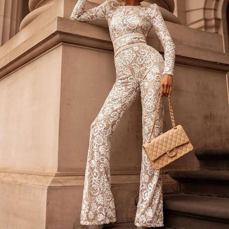 Elegant Retro Sleeve Lady Embroidery Jumpsuit Fashion Lace Long Romper For Women 2025 Autumn High Waist O- Neck Overall
