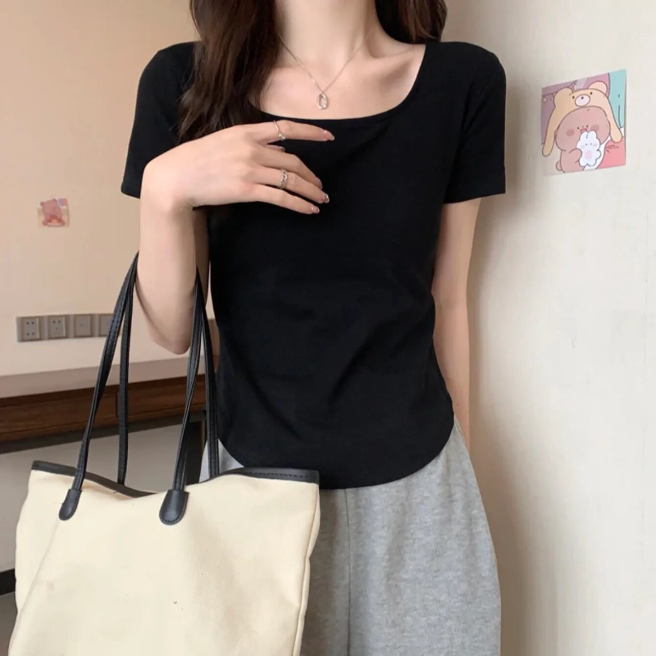 Women's Short-Sleeved T-Shirt U Neck Blouse Slim Fit Korean Style Casual Polyester Fabric Summer