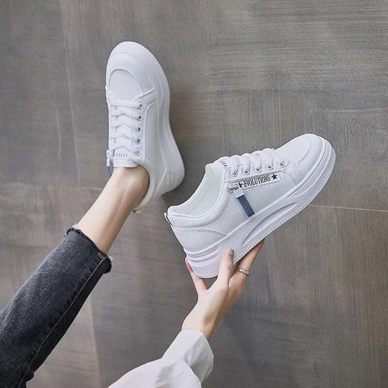 2025 New Fashion Women Casual Trend Breathable White Sneakers Comfort Low Top Lace Up Board Shoes Side Zipper Design Flats