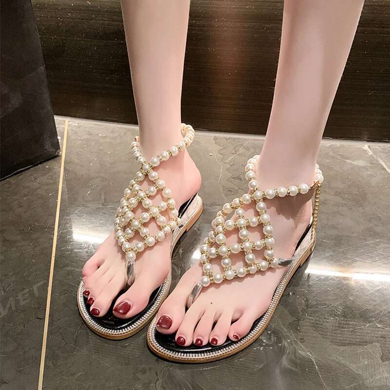 Beaded Clip Toe Women Sandals Beach Flip Ps Shoes Summer Dress Slippers Designer 2024 New Casual Mid Heels Pumps Mujer Slides
