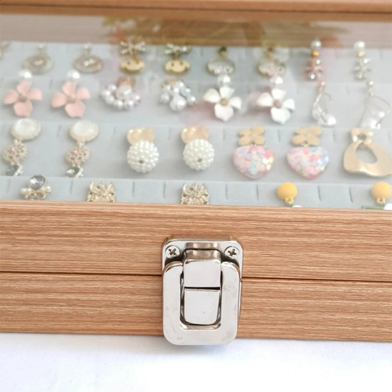 Transparent Lid Jewelry Box Wooden Storage Box Grid Jewelry Tray Showcase Lockable Jewelry Storage Organizer Earrings Necklace 250106
