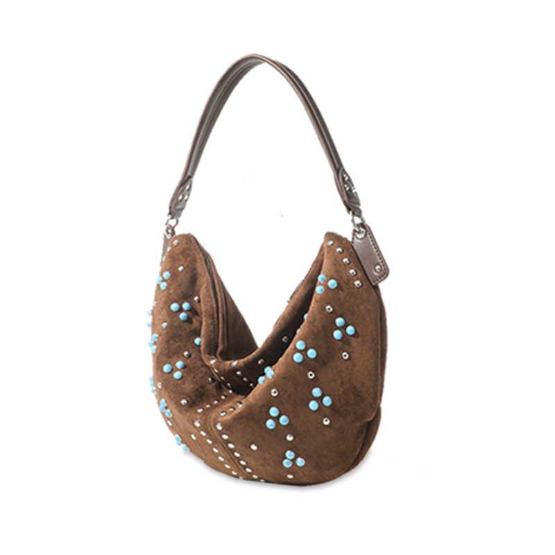 Underarm Single Shoulder Made Of Suede Tote Bag With Niche Design For Women's Designer Handbag Rivet Frosted Handheld Crossbody Bag Crescent Shap