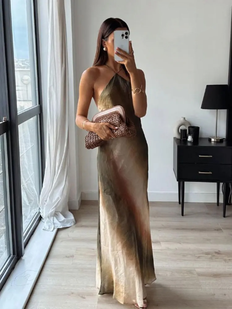 Summer Woman Tie Dyed Printed Hanging Neck Midi Long Dress Fashion Sleeveless Vintage Causal Elegant Slim Dresses