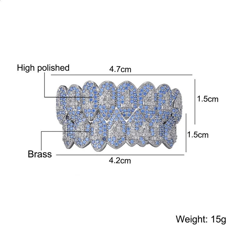 Hip Hop Full CZ Blue Stones Teeth Caps Cubic Zircon Iced Out Micro Pave Top Bottom Charm Grills Set For Men Women Jewelry 250107