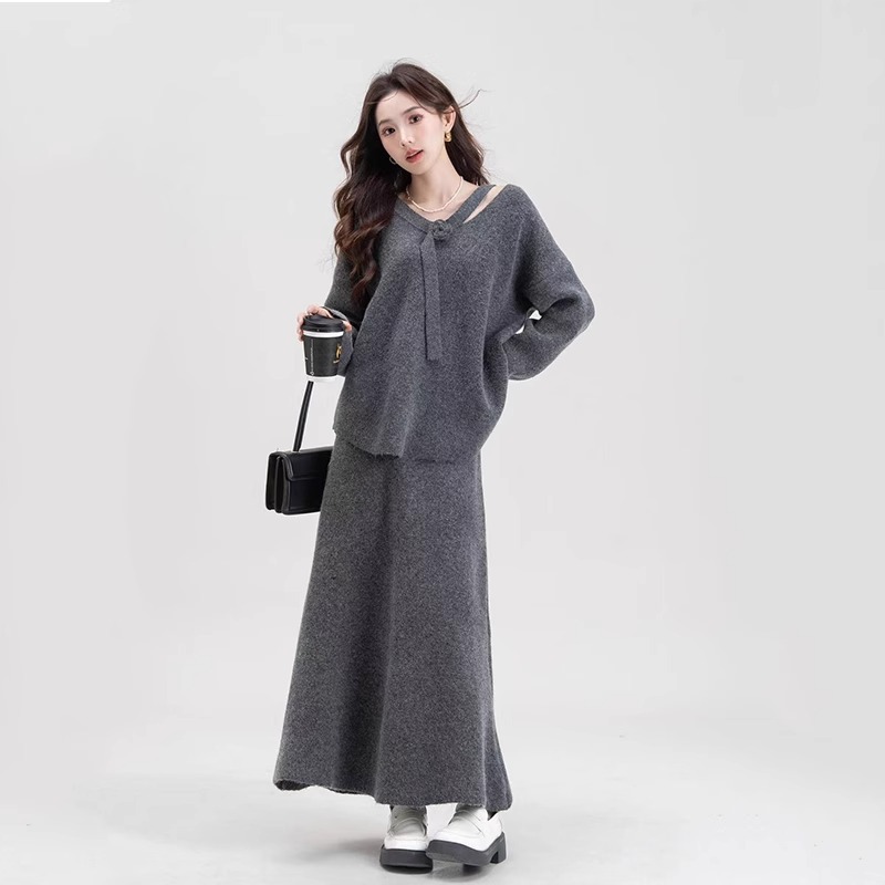 CO78277 Lazy style small fragrance style camellia sweater V-neck sweater suit French knitted long skirt two-piece suit