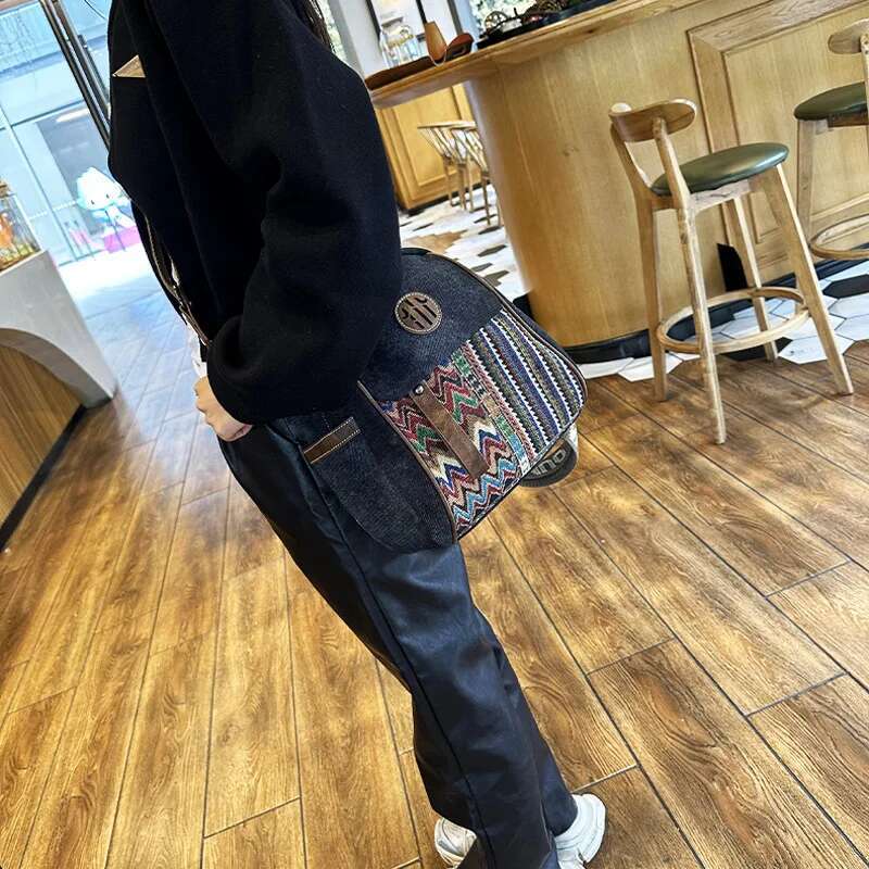 Student Retro Fashion Embroidered Denim Multi Purpose Travel Backpack Cross Shoulder