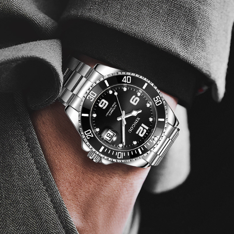 Men's Elegant Waterproof Automatic Mechanical Watch with Diving Countdown and Night Glow Steel Band