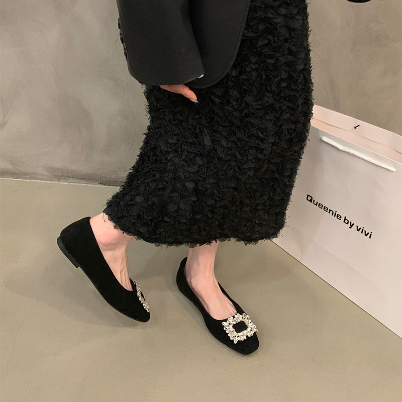 Flat Bottomed Silver High-End Square Toe Rhinestone Single Shoe For Women, 2025 New Summer Black Commuting Bean Shoes
