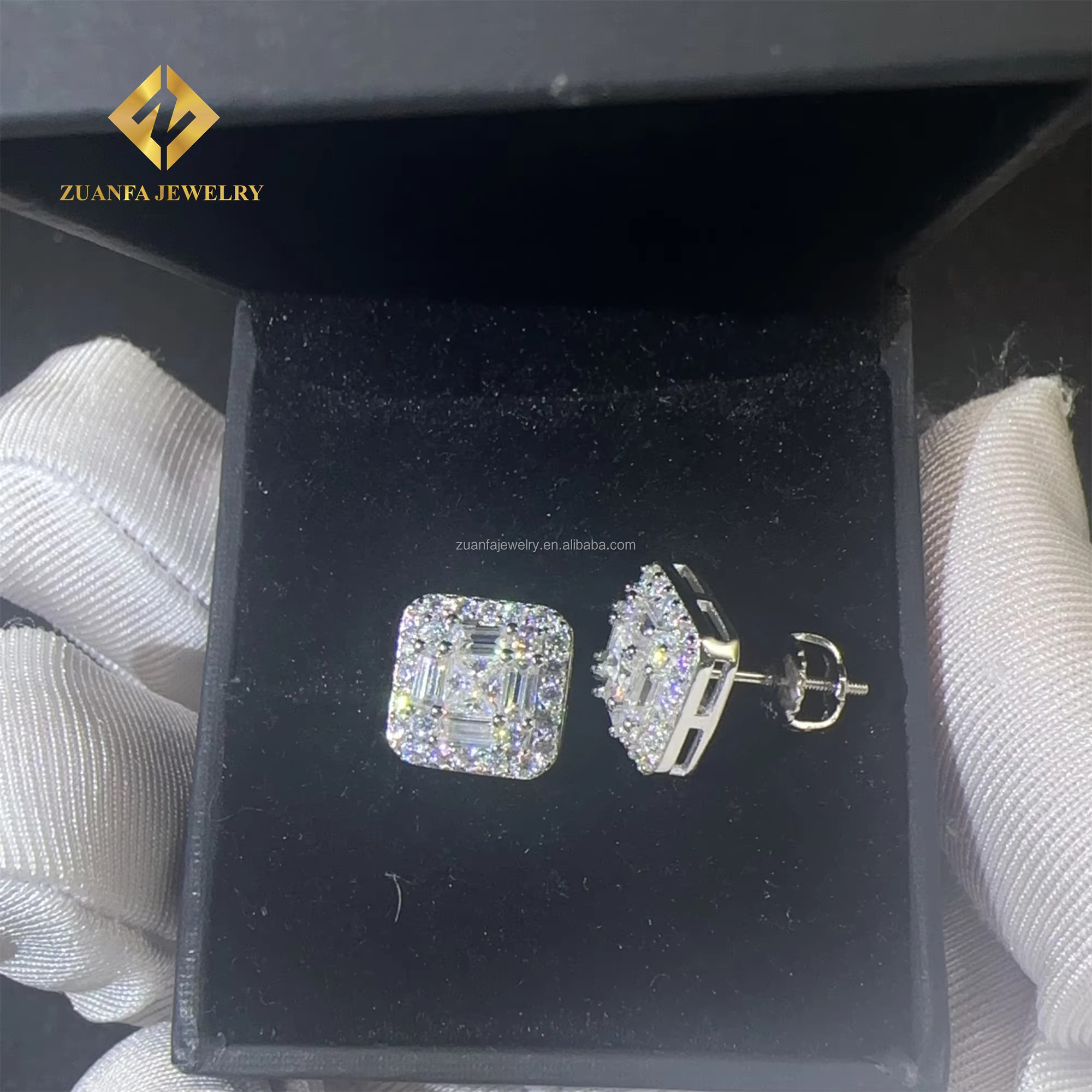 Pass Tester Sier Rhodium plated Hip Hop Earring jewelry iced out Baguette Moissanite Dia Men stud earrings