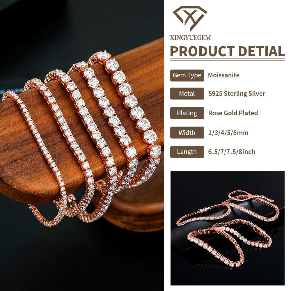 Wholesale Bulk men hip hop jewelry 2-6mm rose gold plated 925 siver iced out diamond mossanite moissanite tennis chain bracelet