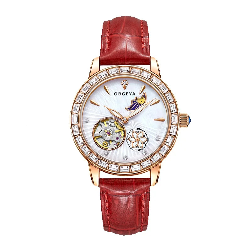 Elegant Women's Mechanical Watch with Diamond, Night Glow, and Waterproof Leather Strap