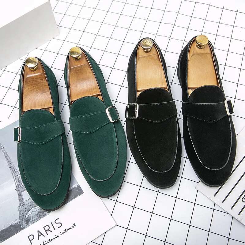Mens Dress Peas Nubuck Leather Wedding Man Monks Designer Green Flats Business Male Casual Driving Shoes For Men Loafers