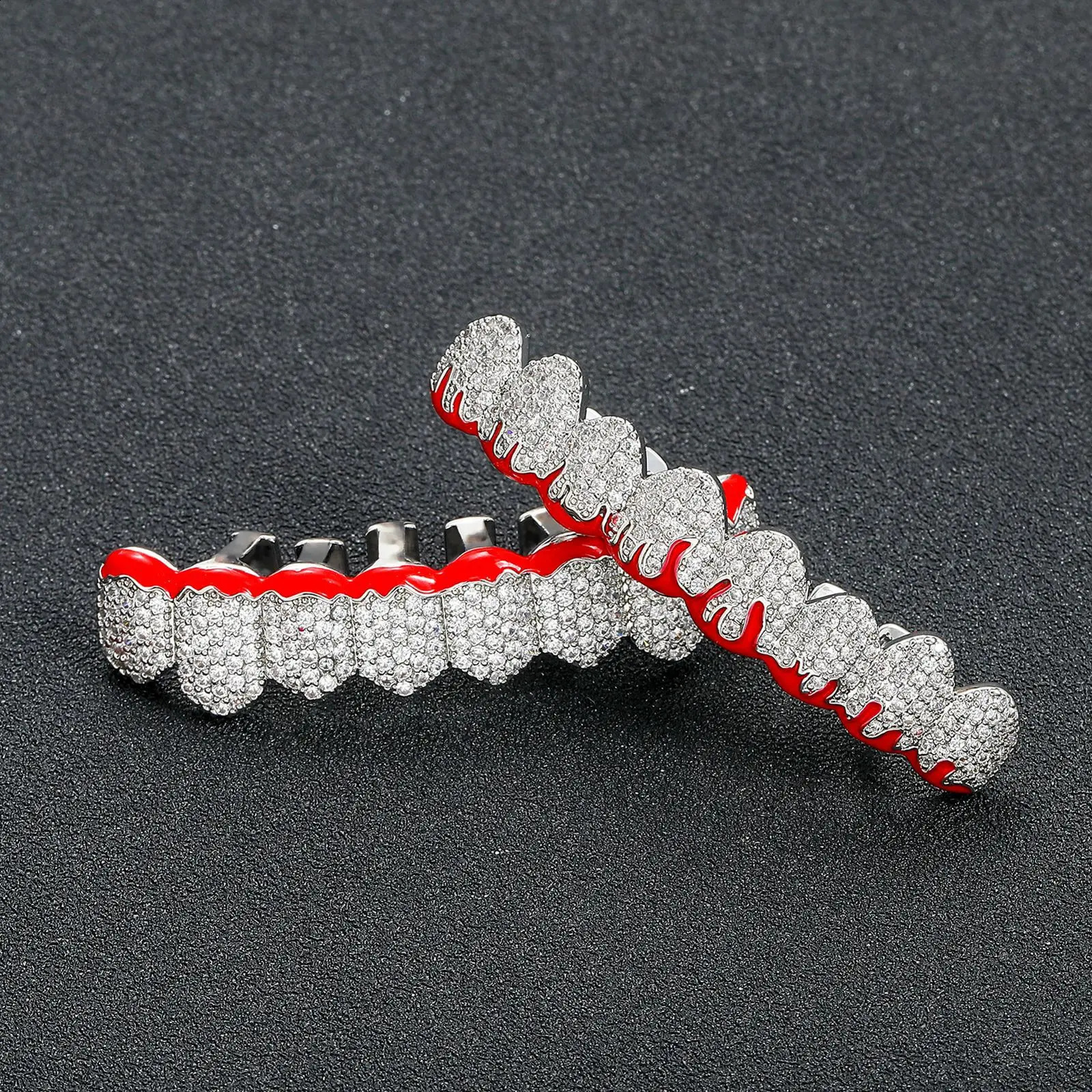 CZ Teeth Caps Red Drip Oil Cubic Zircon Iced Out Micro Pave Top Bottom Charm Grills For Men Women Jewelry Xmas Gift 250107