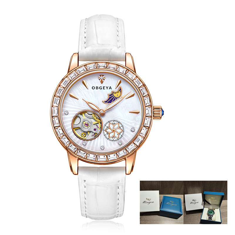 Birthday Gift: Elegant Diamond-Encrusted Mechanical Ladies' Watch with Night Glow Leather Strap