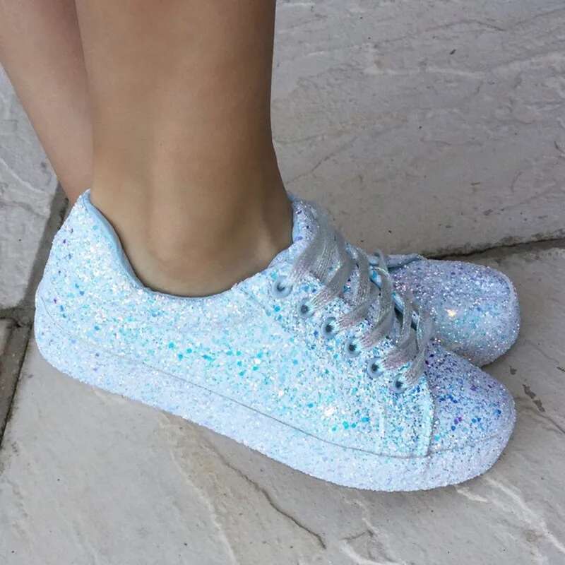 2025 Women Lace Up Sneakers Glitter Autumn Vulcanized Ladies Casual Female Platform Fashion Flat Shoes New
